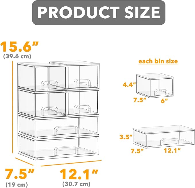 SpaceAid Bottle Storage Organizer Baby - Acrylic Bottles Station Organizer Container, Stackable Clear Drawers for Countertop, Vanity, Bathroom, Cabinet, Pantry Organization, 6 Pack, 4S2L, 15.6"H