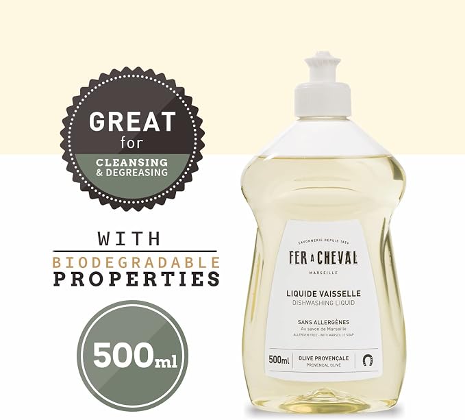 Fer à Cheval Marseille Dishwashing Soap, Allergen Free, Olive Oil Based, Made in France, Liquid Dish Soap, 2 Pack, 500 ml / 16.9 fl oz Each