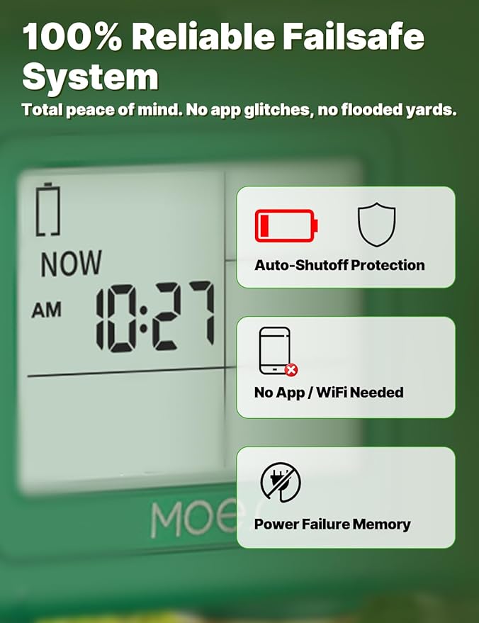 MOES 3 Zone Water Timer for Garden Hose, 3/4 in Brass Inlet and Outlets, Battery Operated Sprinkler Timer, 3 Outlet Faucet Valve, Sequential Watering, Rain Delay, Non-WiFi