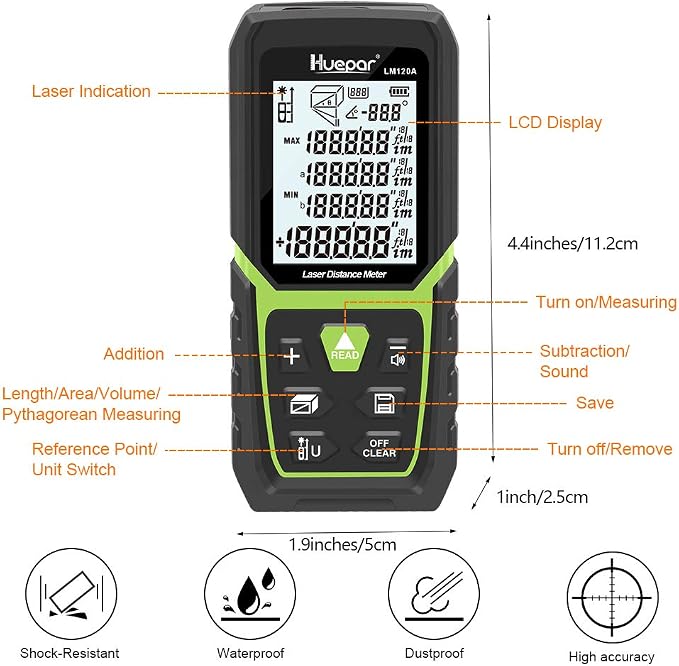 Huepar Laser Distance Meter 393Ft with Li-ion Battery & Electric Angle Sensor, Backlit LCD Laser Measure M/in/Ft with High Accuracy Multi-Measurement Modes, Pythagorean, Distance, Area&Volume