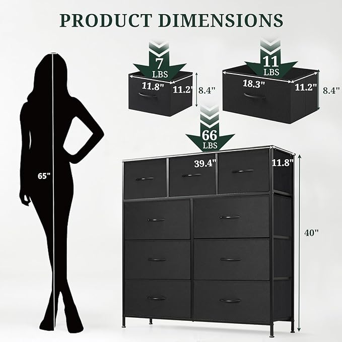 9-Drawer Dresser for Bedroom, Anti-Tip Tall Storage Organizer Chest of Drawers with Wooden Top and Metal Frame Fabric Bins for Closet, Living Room, Hallway, Entryway, Black
