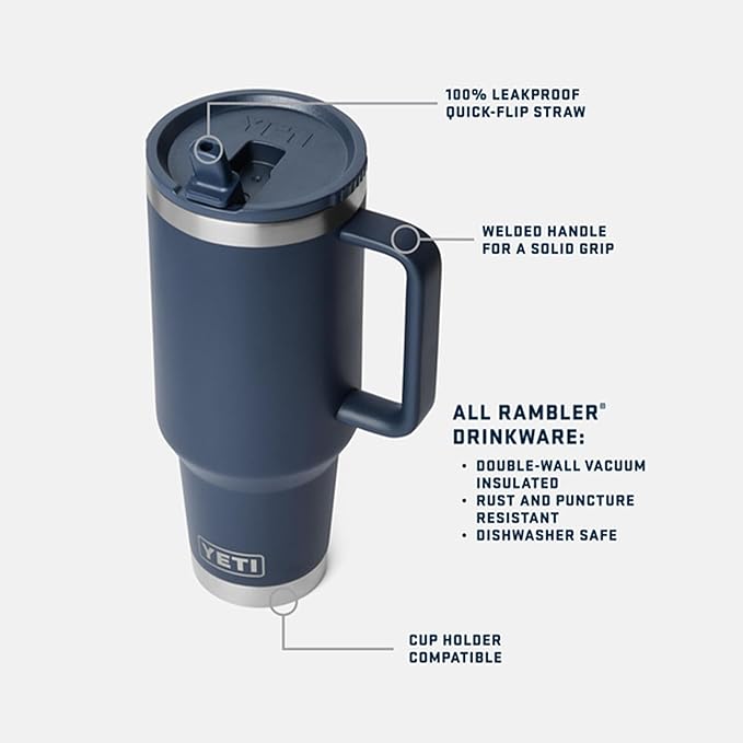 YETI Rambler 40 oz Travel Mug with Flip Straw Lid – Stainless Steel, Vacuum Insulated, Leakproof, Cup Holder Friendly, Ridgeline