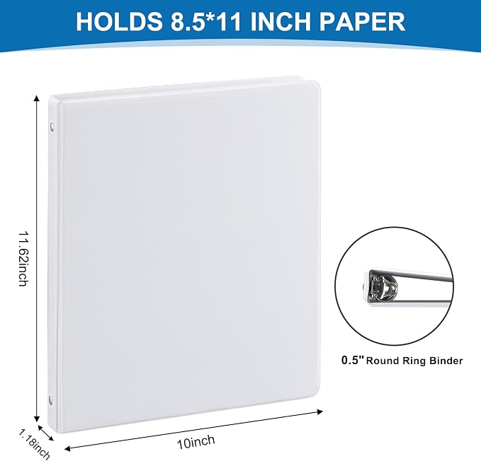 Durable 1/2 Inch 3-Ring Binder, 0.5-inch Round Ring Binder with 2 Inside Pockets, 12 Pack White Binders, Clear View CoverBinder Holds 8.5'' x 11''Paper for Office/Home/Back to School