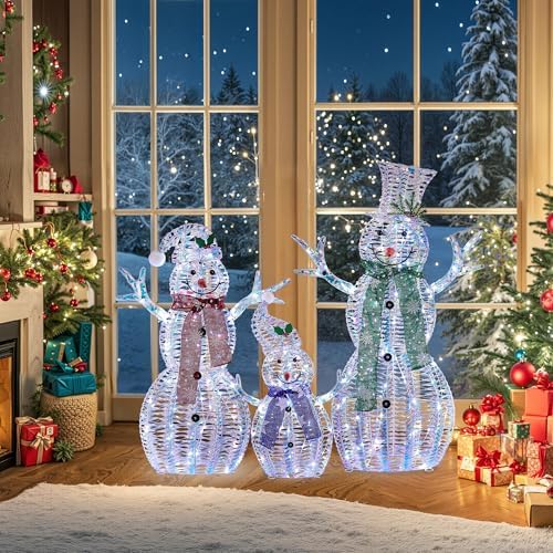 Large Christmas Snowman Family Decorations with Iridescent Rattan