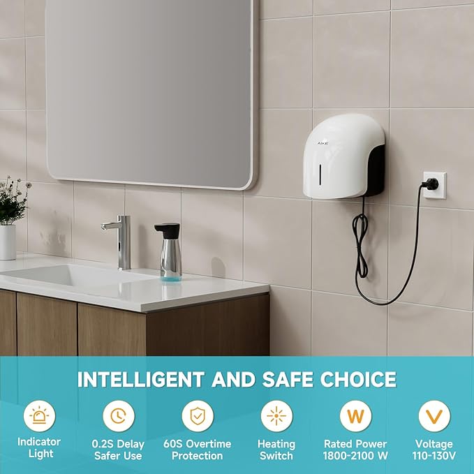 AIKE GentleAir Warm Hand Dryer,Low Noise Perfect for Home Bathrooms,White Cover AC110V-130V,Model AK2637