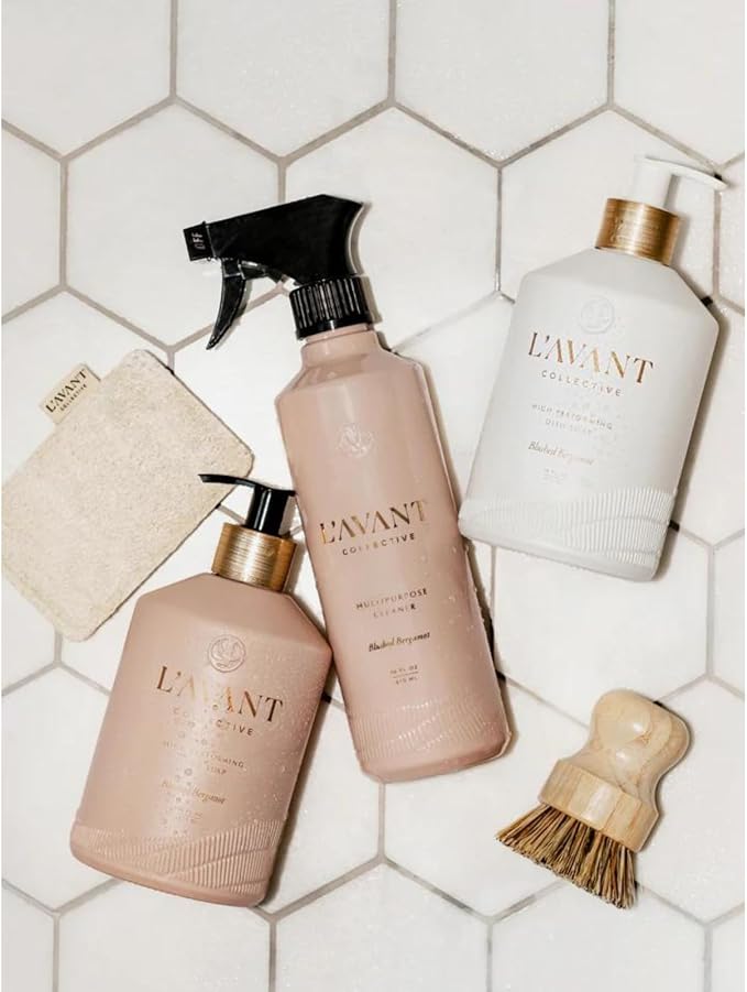 L'AVANT Collective Luxury Home Essentials High Performing Dish Soap, Hand Soap, Multipurpose Cleaner Spray, Scrub Brush, Lucite Tray Luxurious Ingredients Reusable Bottles (Blushed Bergamot)