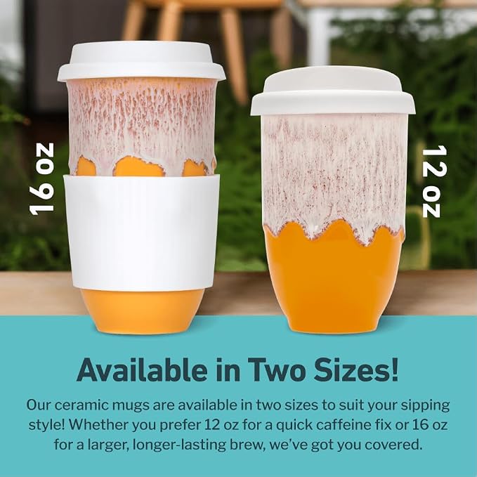 NOVA CERAMICS Ceramic Tumbler– Ceramic Travel Mug With Lid – Microwave & Dishwasher Safe Coffee White & Orange Tumbler - Gifts For Women Men Him Her – 16oz – Grapefruit