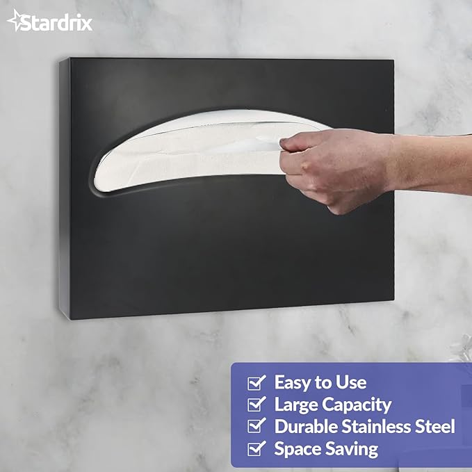 Stardrix Stainless Steel Toilet Seat Cover Dispenser, Wall Mount Single or 1/2 Fold Large Capacity Toilet Seat Covers Holder for Commercial and Residential, Matt Black