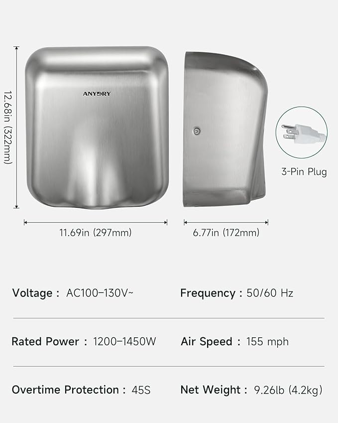 anydry IronStorm Electric Hand Dryers for Bathrooms Commercial HEPA Filter High-Speed Polished Stainless Steel Cover AC 100–130 V~