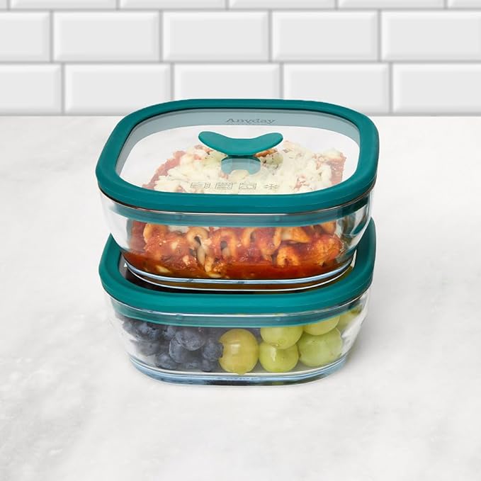 Anyday 2 Pack 2.5 Cup Glass Lunch Containers (Kale) | Microwave Safe, Bowls with Glass Lids for Work, Food Storage, Bento Box Meal Prep Container