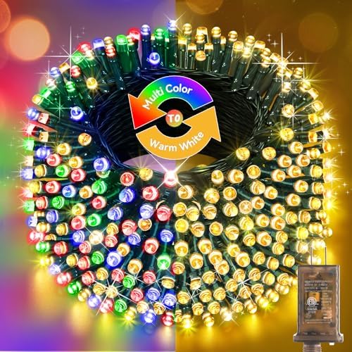 Hezbjiti 403FT 1000LED Color Changing Christmas Lights Outdoor, 11 Modes String Lights IP44 Waterproof Fairy Lights for Party Wedding Tree Decorations (Warm White and Multicolor, Green Wire)