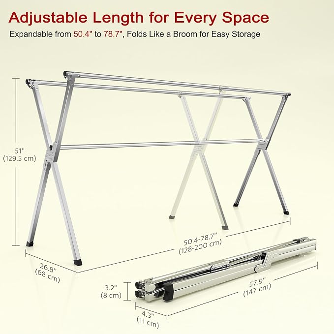Clothes Drying Rack, Heavy-Duty Folding Laundry Drying Rack for Indoor Outdoor Use, 50.4-78.7" Extendable Stainless Steel, Space-Saving Design, Foldable Freestanding Airer