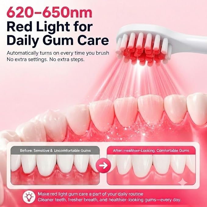 LBO Red Light Electric Toothbrush with + 1 RedLight Brush Head, Pap & Enamel Repair Whitening Toothpaste, USB Rechargeable Sonic Toothbrush with Replacement Brush Head