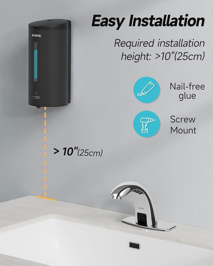 AIKE Automatic Foaming Soap Dispenser 25oz for Bathroom,Matteblack AK1205FA | Rich Foam and Stainless Steel,No-drill and Screw Wall Mount,5-Level Adjustable and Key for Commercial(Batteries Not Included)