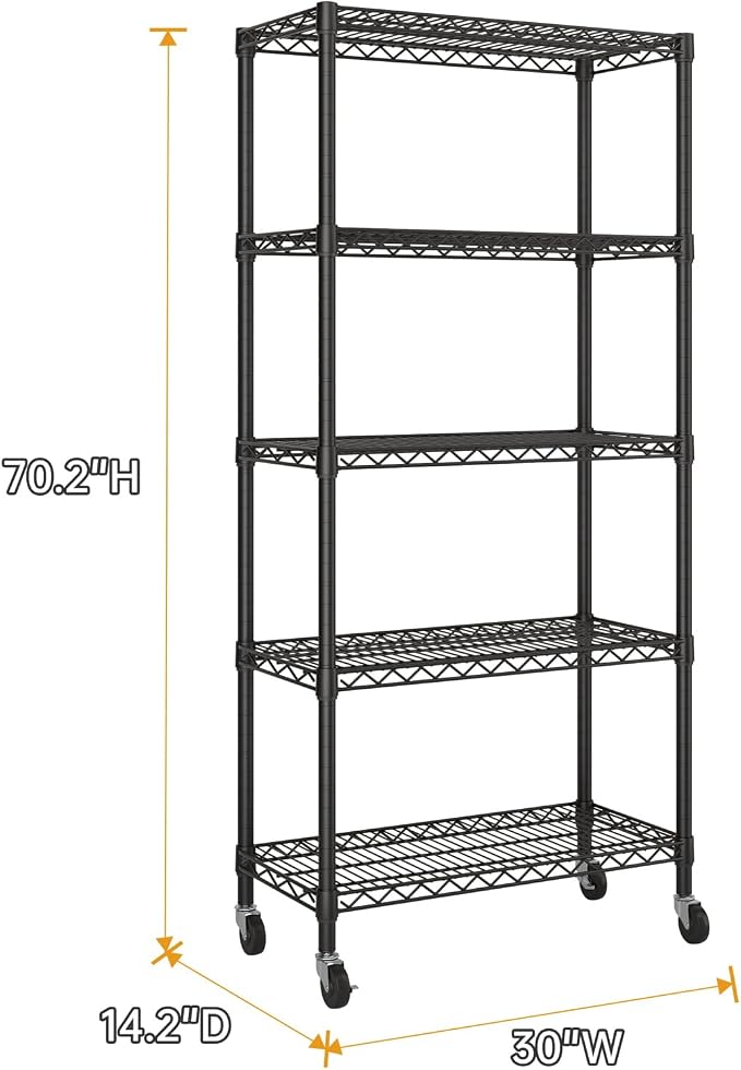Golpart Shelves Storage Shelf Wire Closet Bathroom Organizers Metal Pantry | 5 tier Kitchen Garage Shelving Unit Laundry Room Organization Home Rack Net Basket Black with Wheels 14”D X 30”W X 70”H