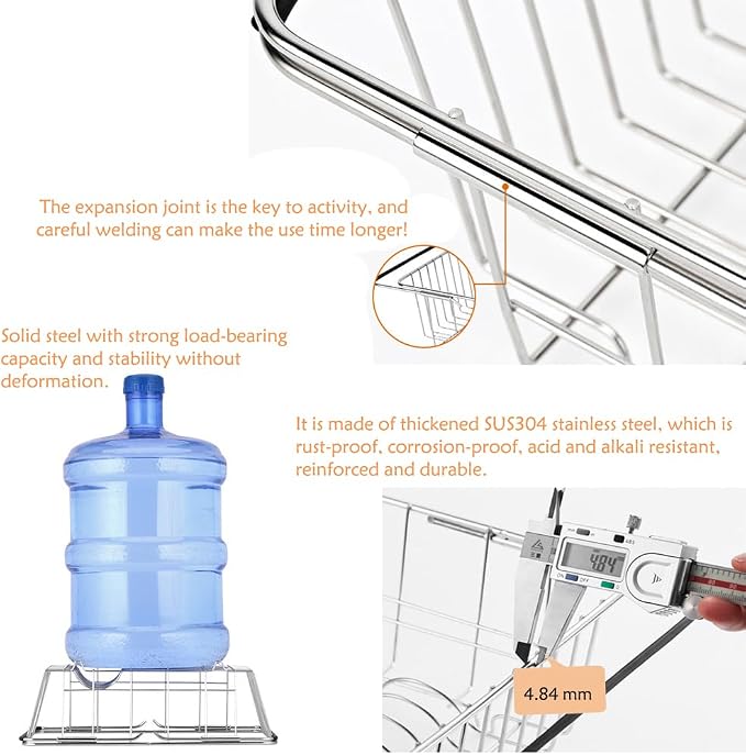NiuYichee Stainless Steel Dish Drying Rack(14.2" L x 9.5" W x 4.1" H), Expandable Fruit & Vegetable Drain Rack Over Sink, Dish Drainer Rack in Sink, with Utensil Holder & 16" Silicone Mat