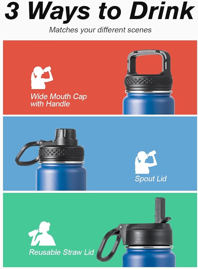 Coolflask Water Bottle 24 oz Insulated with Straw, Stainless Steel Metal 3 Lids Water Flask Wide Mouth for Sports or Office, Non-BPA Keep Cold Up to 48 Hrs or Hot Up to 24 Hrs, King's Blue