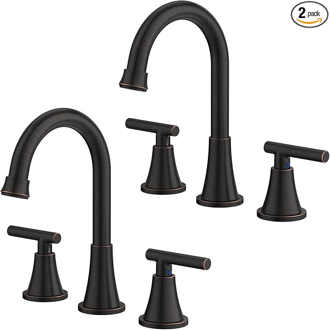 Bathroom Faucets for Sink 3 Hole, Hurran Oil Rubbed Bronze Bathroom Sink Faucet with Pop-up Drain and Supply Lines, Stainless Steel Lead-Free Widespread Faucet for Vanity RV, 2 Pack