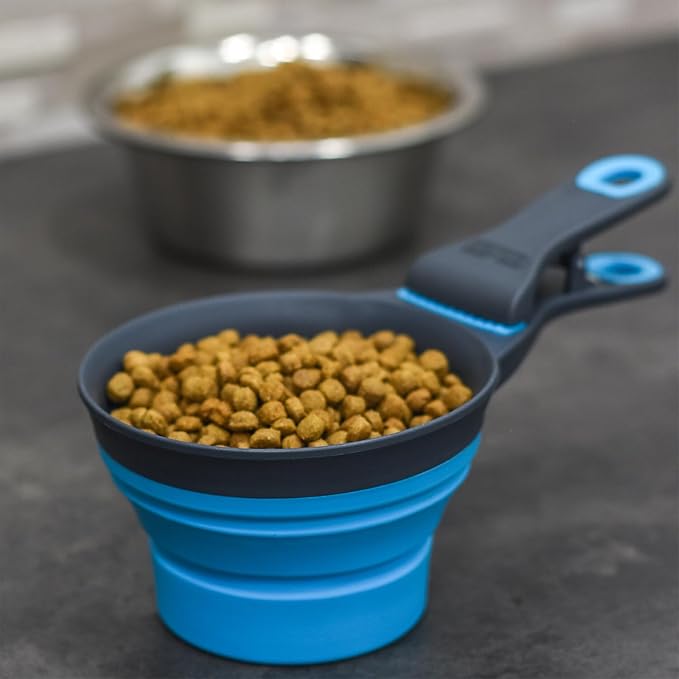 Dexas Popware for Pets Collapsible Klip Scoop, 3-in-1 Pet Food Scoop, Measuring Cup and Bag Clip, 1/2 Cup Capacity, Pro Blue