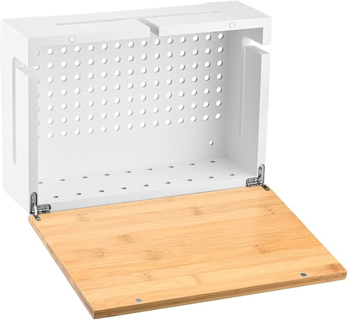 Bamboo Cable Management Box with Magnetic Lid - 12,6x7,8x4.3 in - Durable Cable Organizer to Hide Cords & Power Strip - Wall Mountable - Including Hardware - for Home, Office, Desk & More (White)
