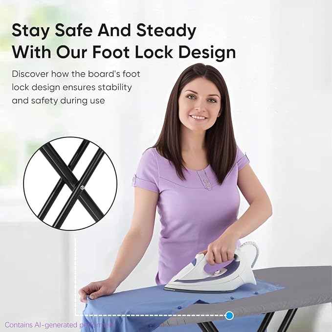 Jakeefud Deluxe Ironing Board with Heat Resistant Cover and Thicken Felt Pad, Heavy Sturdy Legs,Full Size Hanger Iron Board,Foldable (L-Grey)