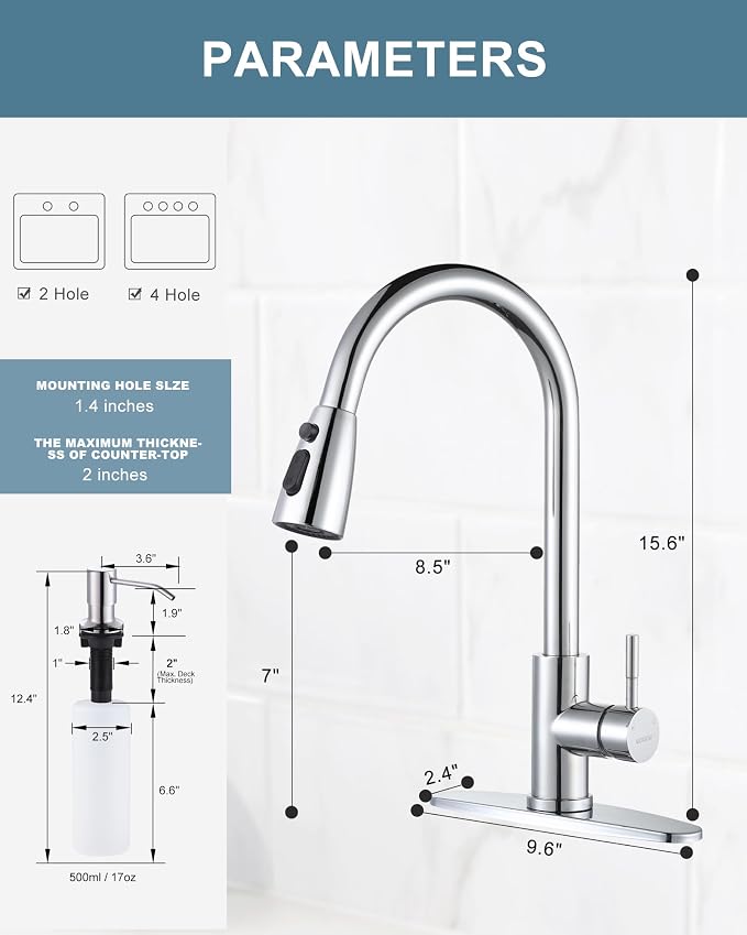 Chrome Kitchen Faucet with Soap Dispenser, WOWOW Stainless Steel Faucet for Kitchen Sink 2 or 4 Hole, High Arc Single Handle Pull Down Kitchen Faucet for Sink, RV, Laundry, Bar