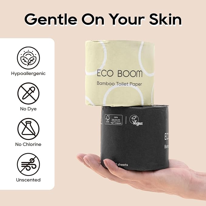 ECO BOOM Unbleached Bamboo Toilet Paper, 100% Tree-Free & Plastic-Free Packaging, 24 Mega Rolls, 360 Sheets & 3-Ply | PFAS Free, BPA Free, Septic Safe & FSC Certified
