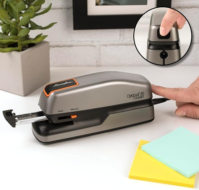 Swingline Electric Stapler, 20 Sheet Capacity, Optima 20, Jam Free, Compact, Automatic or Manual, Plug In or Battery, Orange and Gray (48207)