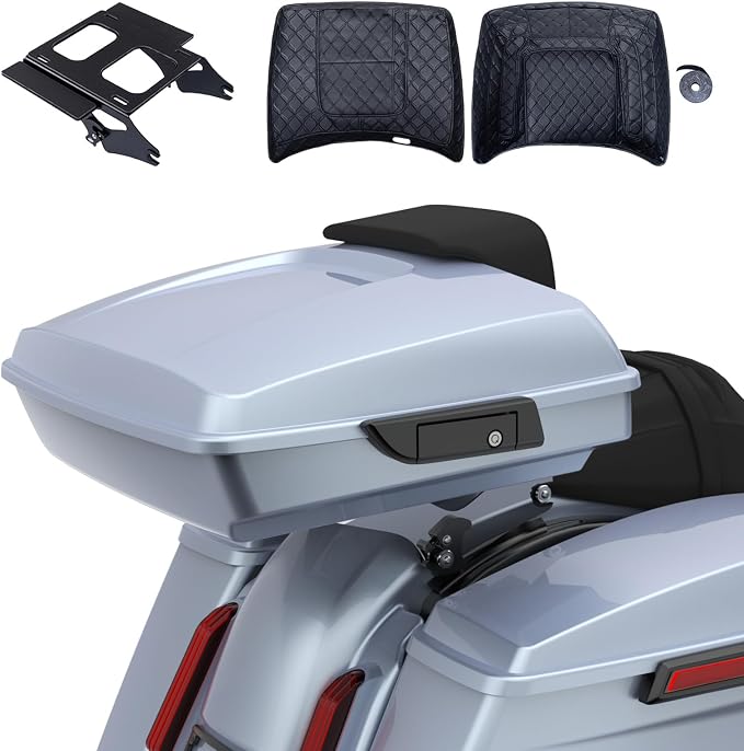 Advanblack 2024 Road Glide Razor Tour Trunk Pack Compatible with Road King FLHR Street Glide FLHX Road Electra Glide 2014-2025 Mounting Rack, Backrest & Stitching Liners (Atlas Silver Metallic)