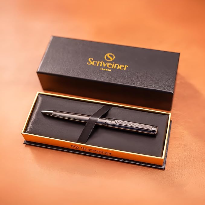 Scriveiner Gun-Metal Lacquer Ballpoint Pen - Stunning Luxury Pen, Schmidt Black Refill, Best Gift Set for Men & Women, Professional Executive Office, Nice Fancy Designer Pens