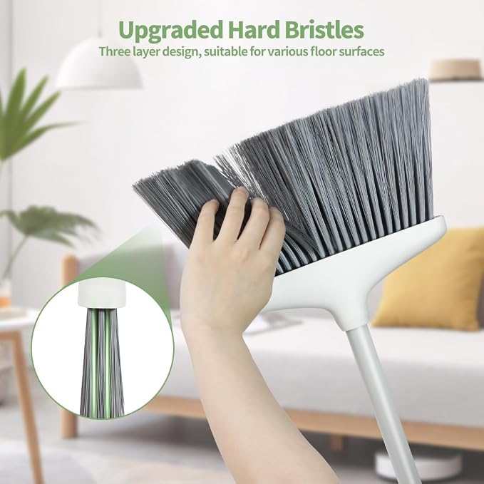 CQT Broom and Dustpan Set with Handle, Brush and Dustpan Set for Home Kitchen Cleaner Floor Sweeping Upright Stand Up Dust pan Cleans Combo (White)