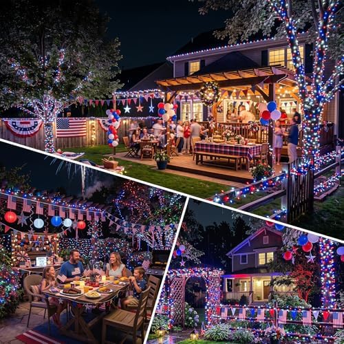 KAQ 2pack 500LED Solar String Lights Outdoor Waterproof Red White Blue