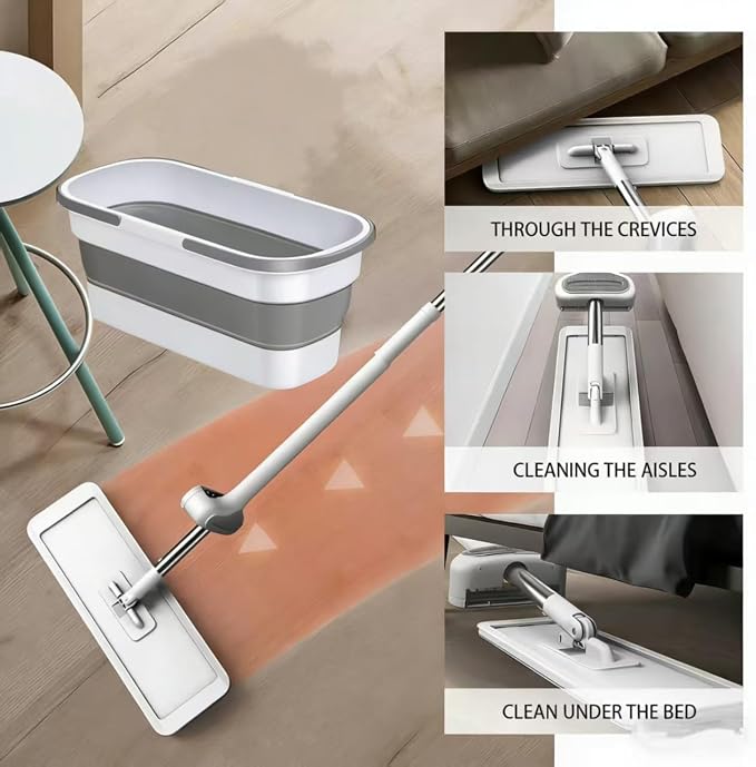Flat Mop & Bucket Set with 6 Reusable Pads | Foldable Hands-Free, Microfiber, Wet/Dry Use, For Tile, Laminate, Wood Floors, Walls, Windows