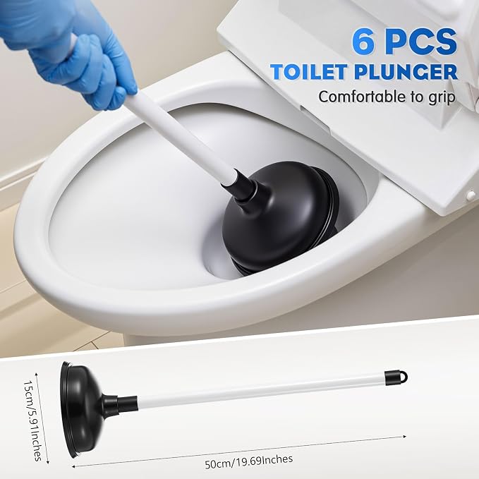 Sawysine 12 Pcs Commercial Toilet Plunger and Brush Set 6 Pack 18" Rubber Plunger with Double Thrust Force Suction Cup Handle and 6 Pack 16.54" Toilet Bowl Brush Bulk for Store Restaurant (Plastic)