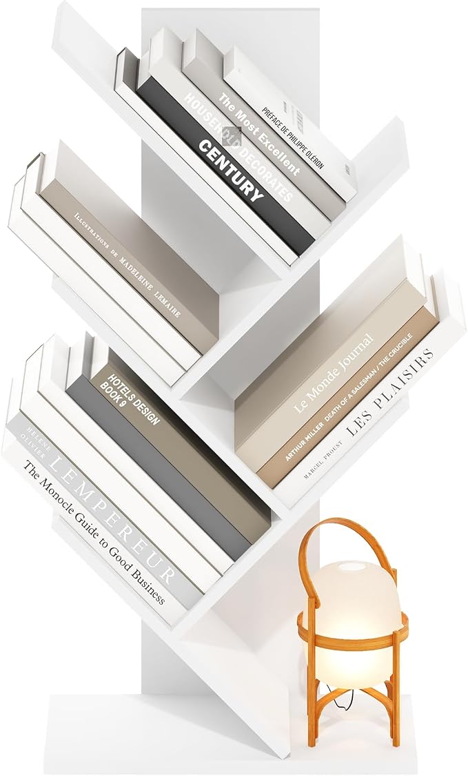 Furinno Tree Book Shelf, 5-Tier Bookshelf with Angled Open Shelf, Tree Bookcase for Room Decor, 8.4 x 15.7 x 30.3, for Organization and Storage, for Living Room, Bedroom, Home Office, White