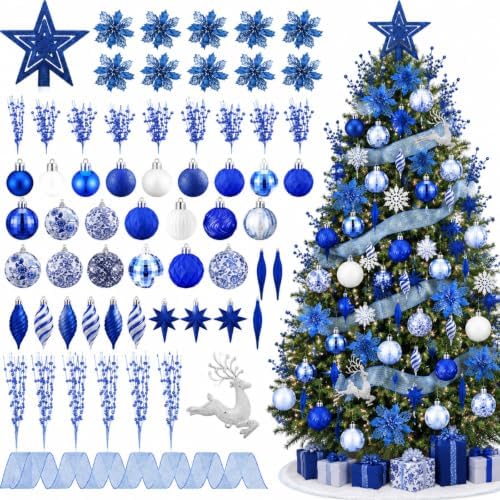 CroBlissful 118 Pcs Royal Blue Christmas Tree Decoration Set Including Ball Deer Ornament, Mesh Ribbon, Snowflake Icicle, Trees Top Star, Flower, Berries Stem Chinoiserie Christmas Decor for Xmas Tree