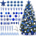 CroBlissful 118 Pcs Royal Blue Christmas Tree Decoration Set Including Ball Deer Ornament, Mesh Ribbon, Snowflake Icicle, Trees Top Star, Flower, Berries Stem Chinoiserie Christmas Decor for Xmas Tree