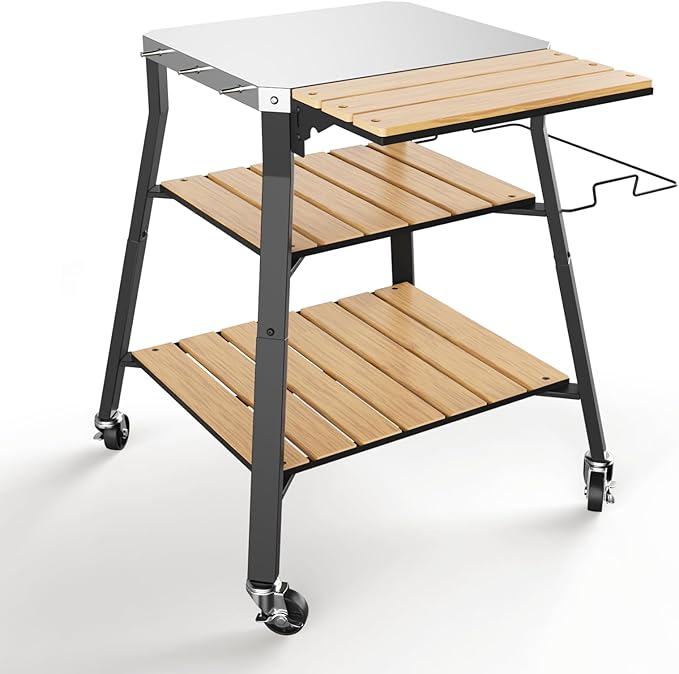 Pizza Oven Stand with Wheels, for Ninja Woodfire | Outdoor prep table for pizza ovens, grills and kitchen work, with movable storage design