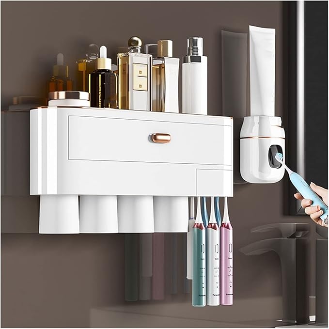 Toothbrush Rack Wall-Mounted Toothbrush Holder Punch-Free Multifunctional Storage Rack with Mouthwash Cup Toothpaste Squeezer Kit Bathroom Toothbrush Holder(C,Small)