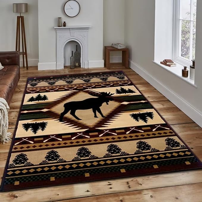 Contemporary Rustic Cabin Rugs for Living Room Vintage Moose Deer Carpet Non-Slip Natural Wildlife Animals Area Rug Floor Mats 6'x9'