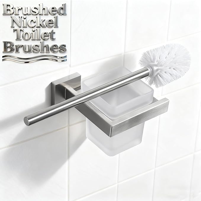 Toilet Brush and Holder Set, NEWRAIN 304 Stainless Steel Wall Mounted Toilet Brush with Long Brush Handle, Brushed Nickel Toilet Scrubber, Glass Canister