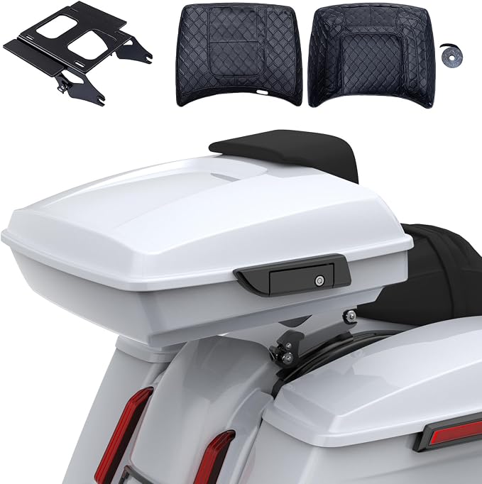 Advanblack 2024 Road Glide Razor Tour Trunk Pack Compatible with Road King FLHR Street Glide FLHX Road Electra Glide 2014-2025 Mounting Rack, Backrest & Stitching Liners (White Onyx Pearl)