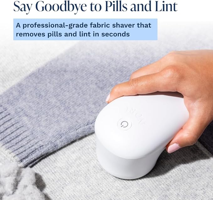 Nori Trim Fabric Shaver - Lint Remover for Clothes & Furniture - White | Couch pilling, sweater pill remover, clothes shaver with 6 precision blades, wireless and rechargeable