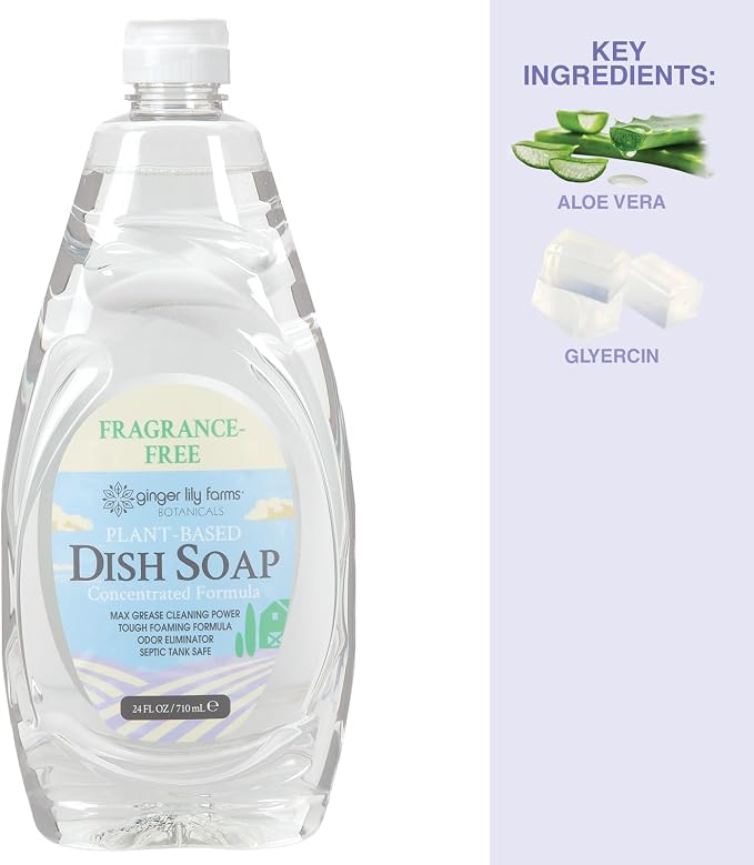 Ginger Lily Farms Botanicals Plant-Based Liquid Dish Soap, Concentrated Formula with Max Grease Cleaning Power, Cruelty-Free, Fragrance-Free, 24 Fl Oz