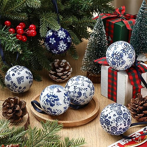 Cindeer 6 Pcs Blue and White Christmas Porcelain Balls, Classic Style