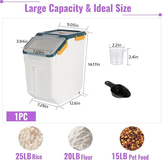 Rice Container 25 lbs Large Bulk Flour Sugar Storage Holdhouse Plastic Grain Cereal Dry Goods Bin with Spoon and Measuring Cup for Kitchen Pantry Organization - Blue