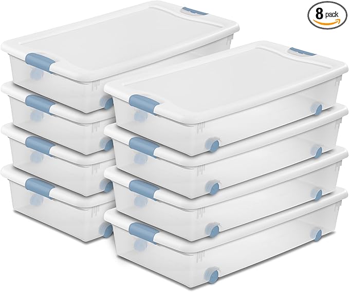 Sterilite 8-Pack Wheeled Latching Box, Plastic Under Bed Storage Bins with Lids, 56 Quart - Large Clear Stackable Tote Organizer Containers for Closet, Bedroom, Bathroom, and Office Organization