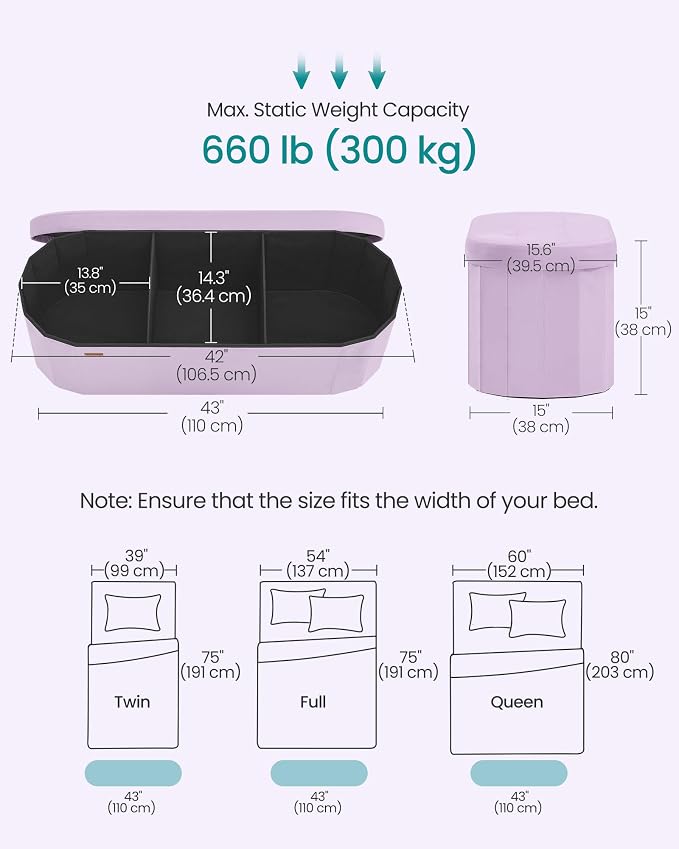 SONGMICS MINOTA Collection - Folding Ottoman with Storage, Oval Storage Ottoman Bench, for Living Room, Bedroom, Velvet Fabric, 15 x 43.3 x 15 Inches, Hibiscus Purple ULSF297PE01
