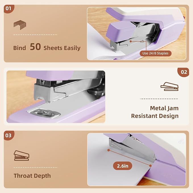 Deli Stapler, Effortless Staplers for Desk, 40-50 Sheet Capacity Heavy Duty, One Touch, No Effort, Easy to Load, with 1500 Staples & Staple Remover, 3 Pack, 3 Colors