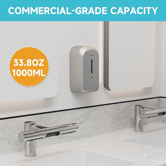 AIKE Liquid Automatic Soap Dispenser,33.8oz Capacity for Bathroom,Silver | 5-Level Adjustable and Savety Key for Commercial(4*AA Batteries Not Included),Screw Wall Mount for Space-Saving,AK1226S